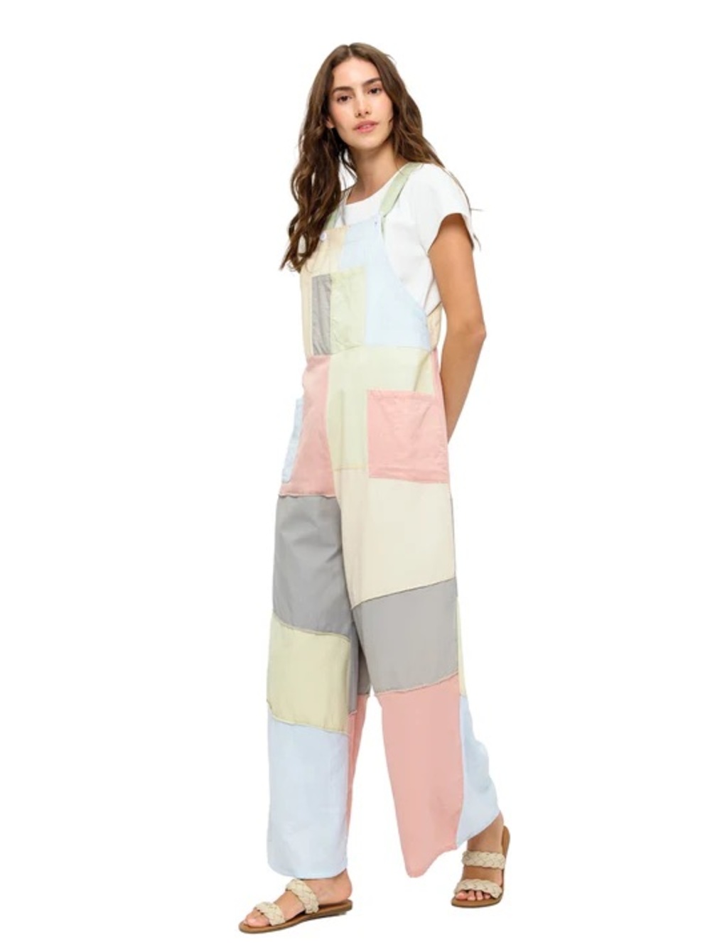 Yak & Yeti Patchwork Cotton Wide Leg Overalls Pastel Color Block S/M